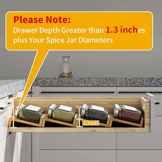 Bamboo Spice Drawer Organizer - 4 Pack 13"x4.7"x1.6" Spice Rack Tray - Spice Jars Drawers Insert - Seasoning Organizer for Drawers/Countertop (Jars not included)…