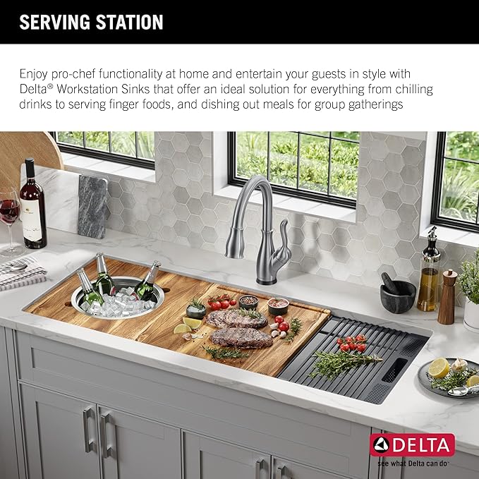 DELTA FAUCET Lorelai 45-inch Workstation Kitchen Sink Undermount 16 Gauge Stainless Steel Single Bowl with 2-Tier WorkFlow Ledge and Chef’s Kit of 11 Accessories, 95BA132-45S-SS