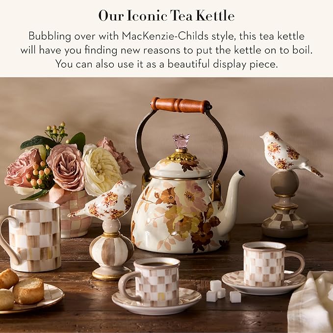 MACKENZIE-CHILDS Enamel Tea Kettle, Cute Tea Kettle for Stovetop, 2 Quarts, Wild Rose White