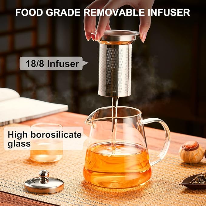 PARACITY Glass Teapot Stovetop 18.6 OZ, Borosilicate Clear Tea Kettle with Removable 18/8 Stainless Steel Infuser, Teapot Blooming and Loose Leaf Tea Maker Tea Brewer for Camping, Travel (550ML)