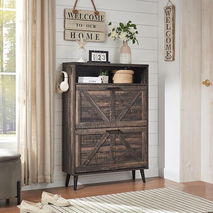 Shoe Storage Cabinet,Farmhouse Shoe Organizer with 2 Flip Drawers & Barn Door Design,Freestanding Hidden Slim Narrow Shoe Rack Cabinet with Open Storage for Entryway, Foyer,Hallway, Dark oak