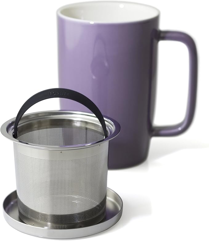 FORLIFE Dew Glossy Finish Brew-In-Mug with Basket Infuser & "Mirror" Stainless Lid 18 oz., Purple