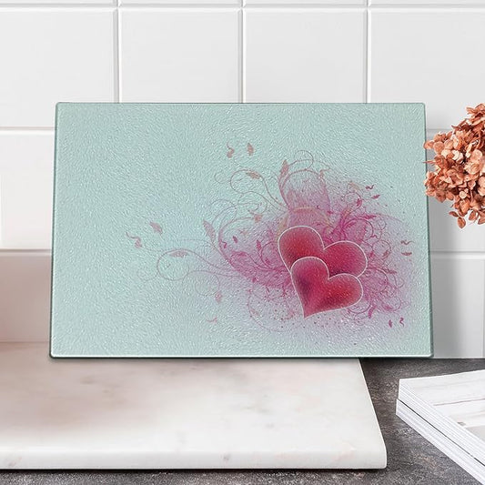 Ambesonne Romantic Cutting Board, Valentines Day Themed Hearts with Floral Arrangement Romantic Amour Illustration, Decorative Tempered Glass Cutting and Serving Board, Small Size, Pink White