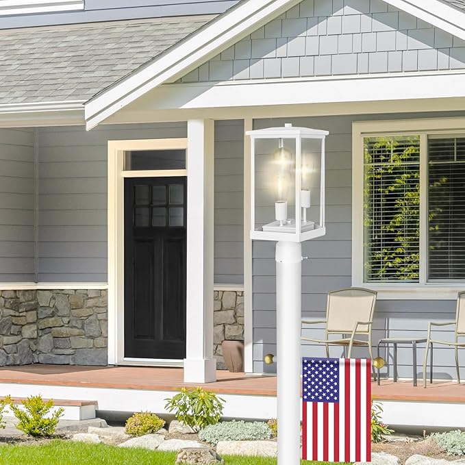 Outdoor Post Light and Lamp Post with Modern Clear Glass for Driveways, Porches, and Backyards, White, Design House 587683