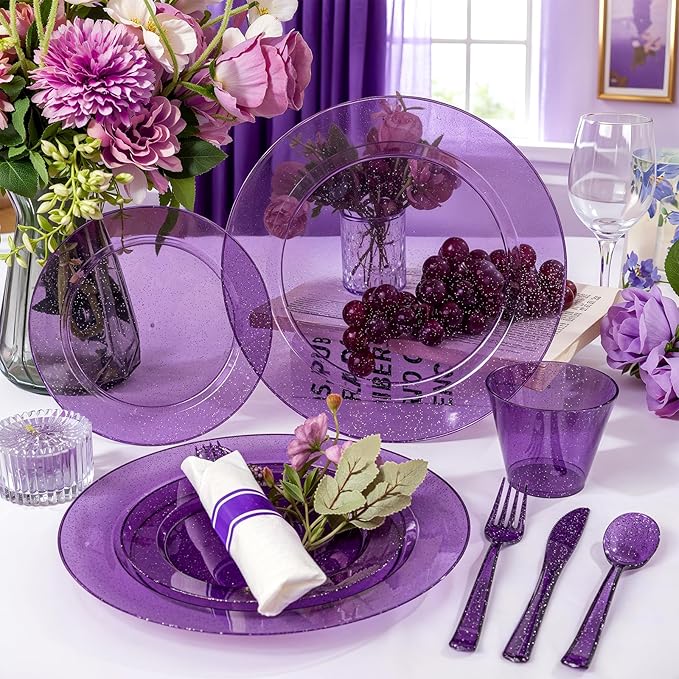 DaYammi 210 Purple Glitter Plastic Dinnerware Set for 30 Guests, Fancy Disposable Plates for Party, Include: 30 Dinner Plates, 30 Dessert Plates, 30 Pre Rolled Napkins with Purple Silverware, 30 Cups