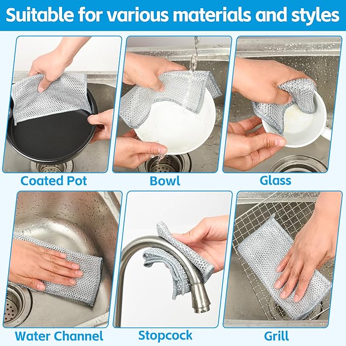 6Pack Multipurpose Wire Dishwashing Rags, Upgrade Non Scratch Wire Dishcloth, for Wet and Dry Use, Reusable Metal Microfiber Cleaning Cloths for Home/Kitchen/Stove