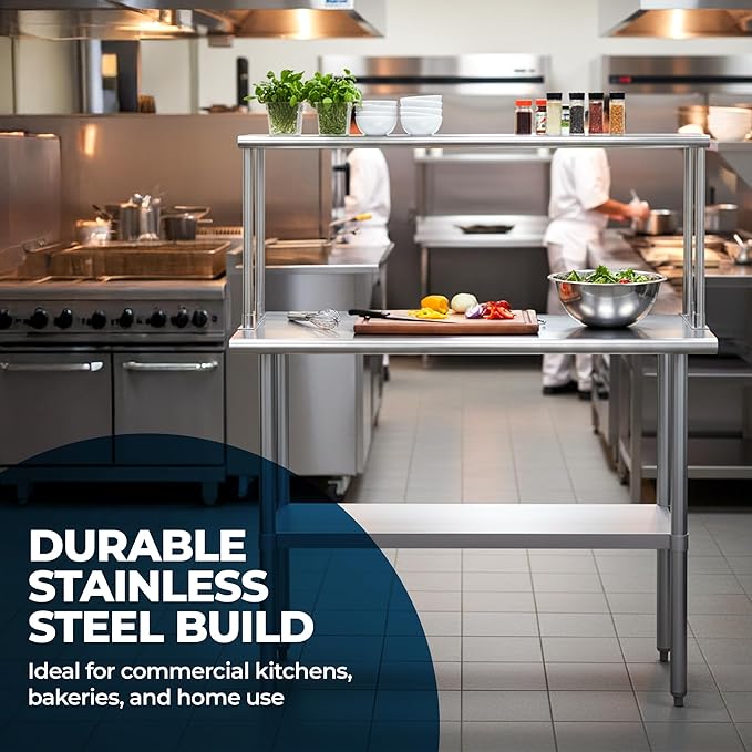 Stainless Steel Work Table with Wide Single Tier Overshelf | Metal Kitchen Prep Table & Shelving Combo (30" x 72" Work Table + 12" Overshelf)