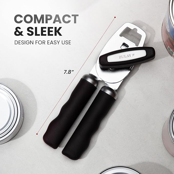 Zulay Kitchen Heavy Duty Stainless Steel Can Opener Manual with Bottle Opener - Rust Proof Manual Can Opener With Turn Knob & Comfy Soft Grip Handles - Black