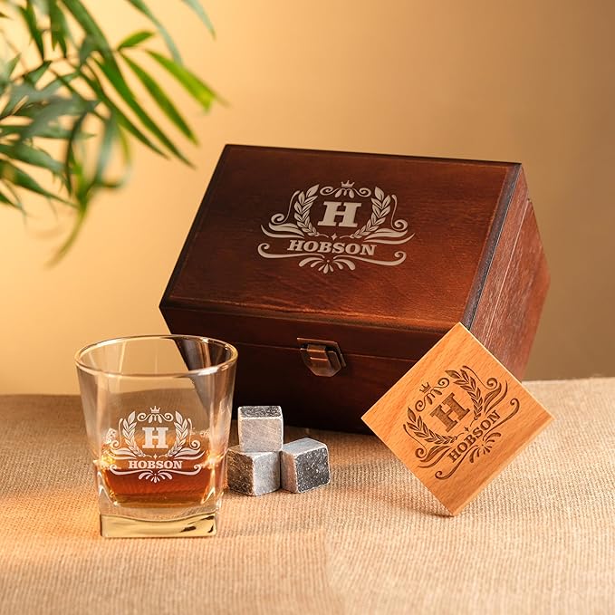 Personalized Whiskey Glasses Set with Custom Whiskey Glasses - Personalized Gifts for Men, Gifts With Engraved Wooden Box and Whiskey Stones