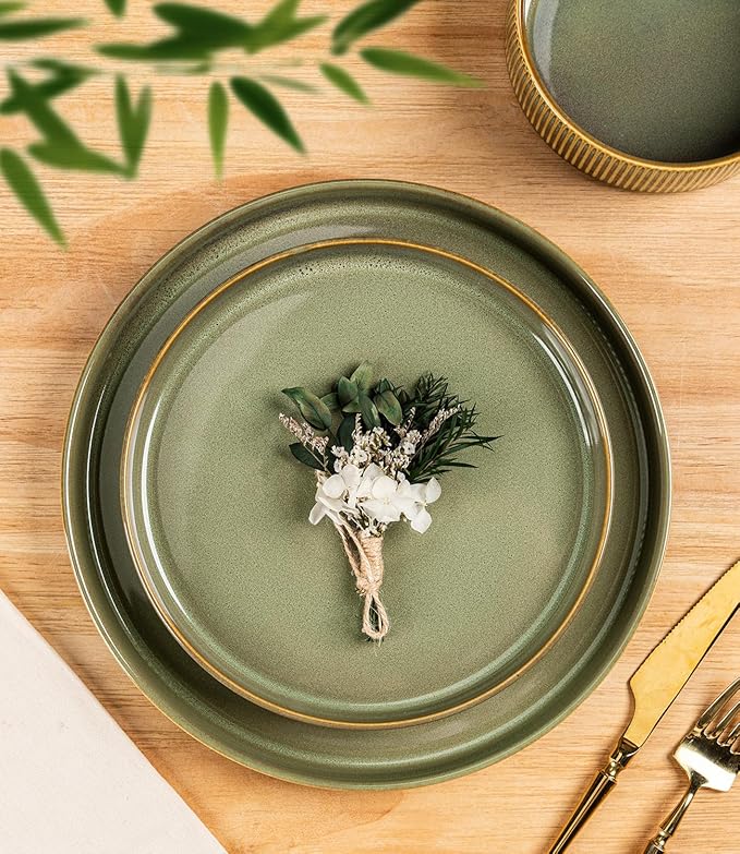 TheTerra Ceramic Dinnerware Sets for 4, 12 Pieces Porcelain Lightweight Plates and Bowls Sets, Scratch Resistant Dish Set, Oven & Microwave & Dishwasher Safe, Brown Green