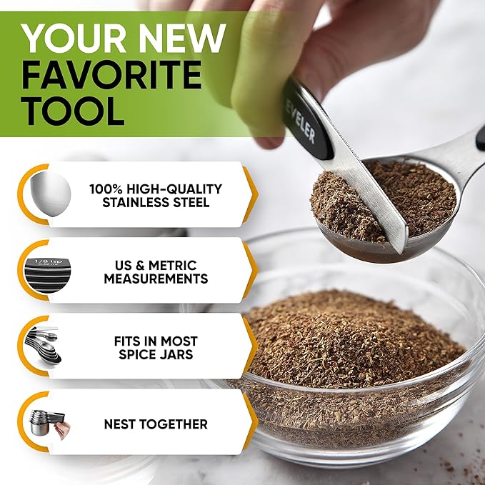 Spring Chef Magnetic Measuring Cups & Spoons Set, Patented, Strong N45 Magnets, Heavy Duty Stainless Steel Fits in Spice Jars for Baking & Cooking, BPA Free, Round Set of 15 with Leveler, Black