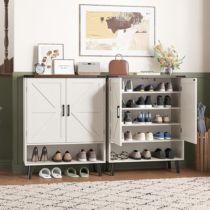 Vabches Farmhouse Shoe Storage Cabinet with Doors, 5 Tier Small Shoe Cabinet with Adjustable Shelves and Metal Legs, 34" Tall Shoe Rack Organizer for Entryway, Foyer, White