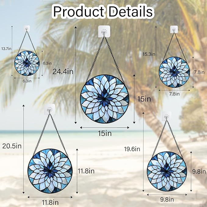Stained Glass Suncatcher, Blue White Multi-Petal Flowers Sun Catcher Landscape Stain Glass Window Hanging Decoration Mother's Day Birthday Gifts for Women Men Mom Nana 6.3 in