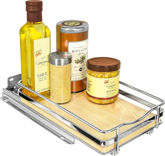 LYNK PROFESSIONAL® Élite™ Pull Out Spice Rack Organizer for Inside Kitchen Cabinets - 6-3/8 inch Wide - Slide Out Drawer – Wood/Chrome Sliding Spice Cabinet Organization Shelf Racks - 1 Tier