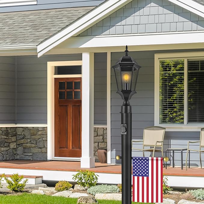 Design House Oakmont Outdoor Lamp Post, Integrated Outlet, Weather-Resistant, Powder-Coated Steel, 15.5-in. Plastic Cross-Arm, Easy Installation, Black, 3 in. Diameter x 80 in. H, 579714