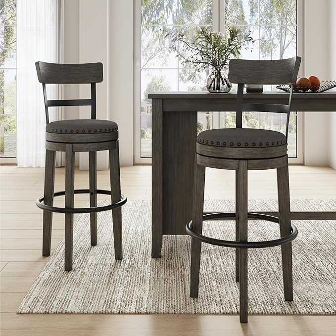 Signature Design by Ashley Caitbrook Casual Farmhouse Tall Upholstered Swivel Barstool, Nailhead Trim, Solid Wood, 30" H, Gray