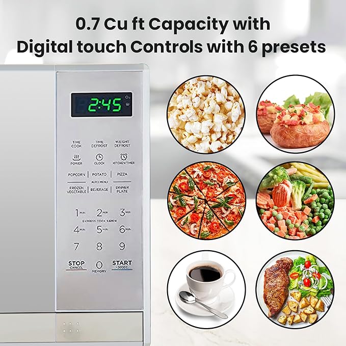 Total Chef 0.7 Cu Ft Microwave Oven – Compact Countertop Microwave, Small Stainless Steel Kitchen Appliance with Digital Touch, Pre-Set Functions, 10” Turntable, 700 Watt, Microondas Pequeños