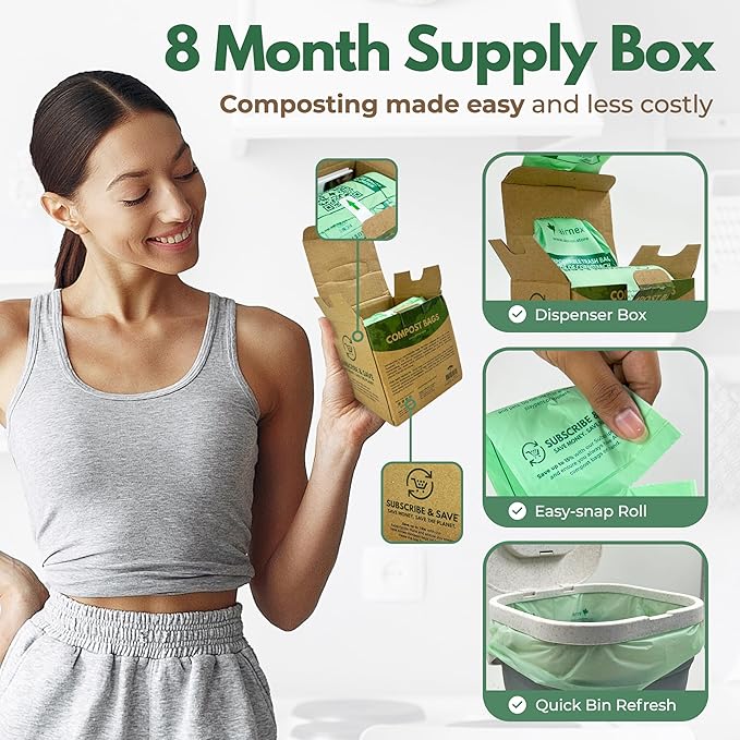 Compostable Trash Bags Small 1.6 Gal - 100 Count Green Compost Bags for Countertop Bin made of Cornstarch - Food Waste Compostable Bags Leakproof & Tear Resistant