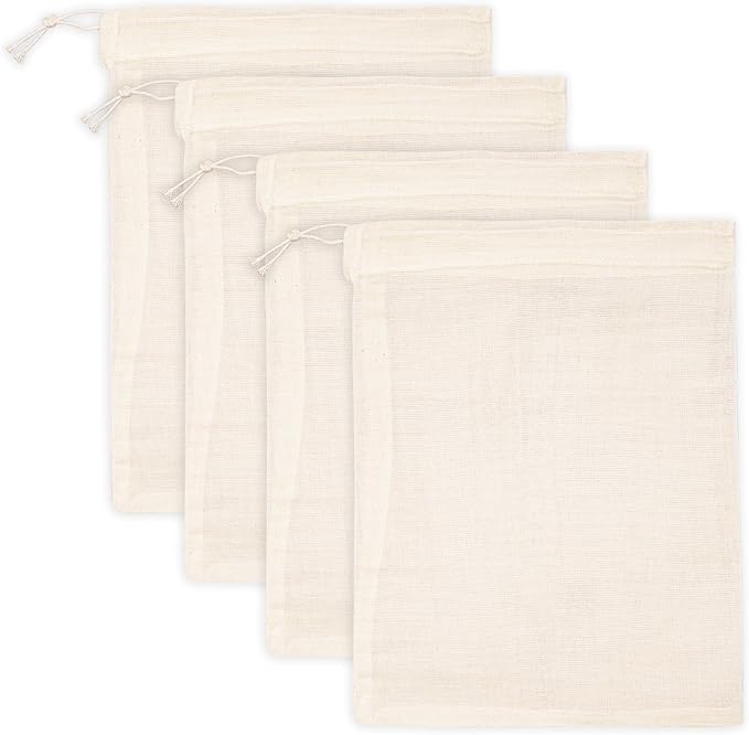 PurpleEssences Empty Spice Bags for Cooking Soup - Natural Unbleached Cotton Muslin Drawstring Cheesecloth Bags for Tea, Herbs, Bone Broth, Cold Brew & Straining - Natural (4, 8 x 10 Inch)