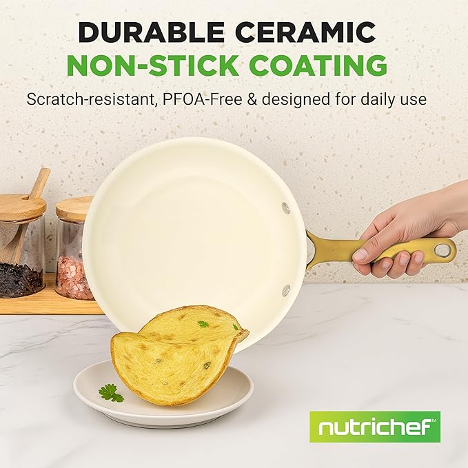 NutriChef 10-Inch Professional Ceramic Frying Pan - Medium Skillet with Golden Titanium Handle, Non-Stick Ceramic Coating, Stain-Resistant, Easy to Clean, Ideal for Home Cooking