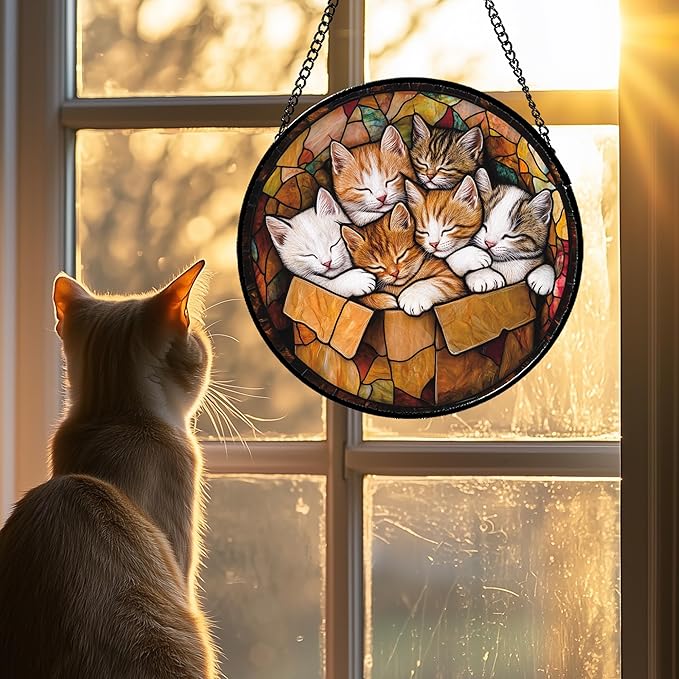 Stained Glass Window Hanging 6 Cute Kittens 7.8" - Cat Gift Suncatcher Door Sun Catcher Decor Birthday Christmas for Lost Pets Mom Men Woman Friend