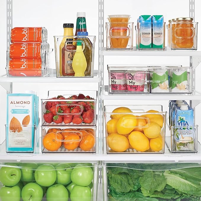 mDesign Wide Plastic Kitchen Storage Container Bins with Handles -Organization in Pantry, Cabinet, Refrigerator or Freezer Shelves - Food Organizer for Fruit, Yogurt, Squeeze Pouches - 4 Pack - Clear