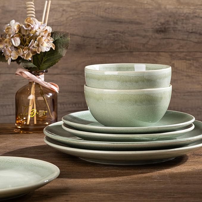 AmorArc Ceramic Dinnerware Sets for 6, 18 Pieces Handpainted Plates and Bowls Set, Scratch Resistant Stoneware Dishes Set, Dishwasher & Microwave Safe, Olive Green