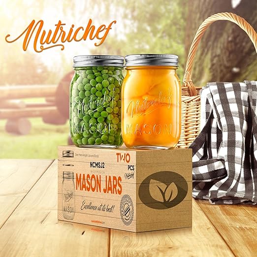 NutriChef 2-Pack 16 oz Mason Jars with Lids - Thick Glass Canning Jars with Stainless Steel Lids - Ideal for DIY Spices, Meal Prep, Overnight Oats, Jelly, Jam, Honey, Candles, Crafts, & More