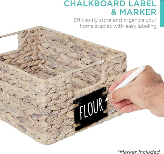 Best Choice Products Set of 4 9x12in Water Hyacinth Pantry Baskets, Woven Organizers w/Chalkboard Label, Chalk Marker - White