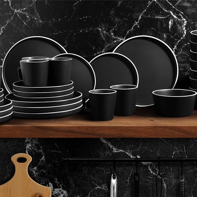 Zulay Kitchen Terra Stoneware 32-Piece Dinnerware Set, Artisanal Ceramic Plates and Bowls Set Crafted at 2300℉ - Service for 8, Black Matte with White Rim