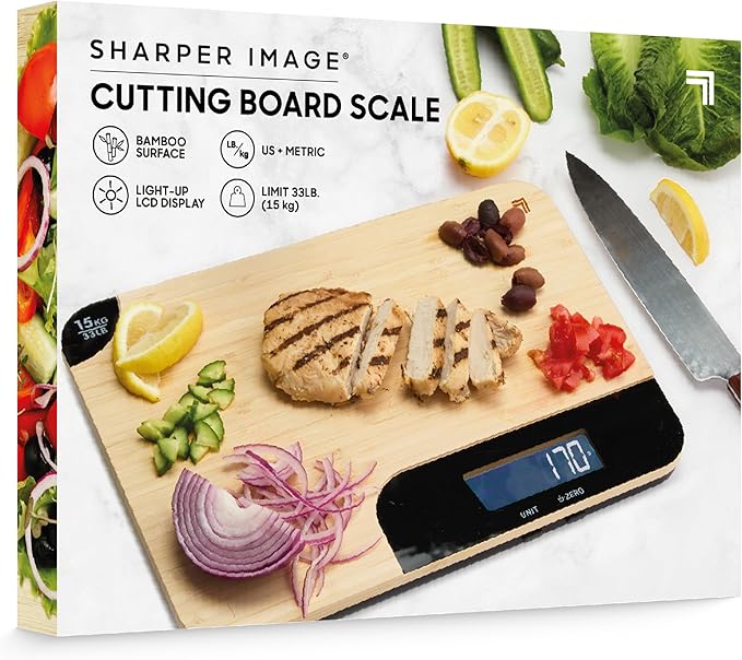 Sharper Image Bamboo Cutting Board & Digital Food Scale, 33 lb Capacity, Measures Grams & Ounces, Multi-Functional for Food Prep, Baking, Dieting, Portion Control, Kitchen Gadgets Gift