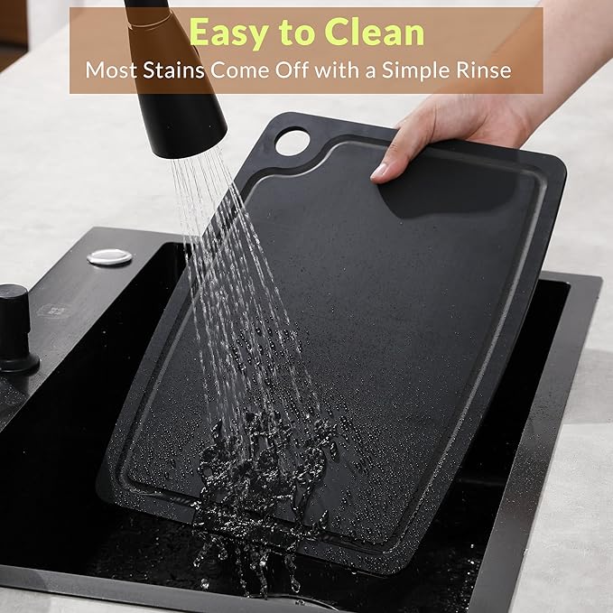 Cutting Board for Kitchen, 17.3x12.8Inch Wood Fiber Composite Cutting Board with Juice Groove and Non-slip Feet, Dishwasher Safe, Knife-Friendly Chopping Board for Meat, Bread, Fruit, Black