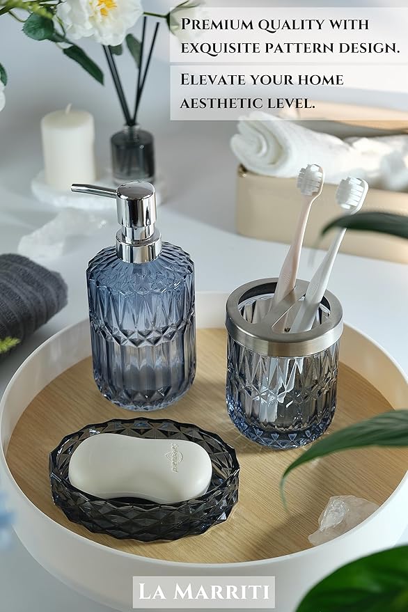 Blue Bathroom Accessories Set, 4Pcs Clear Glass Bathroom Accessories, Lotion Soap Dispenser Set, Toothbrush Holder, Qtips Holder, Soap Dish for Crystal Modern Bath Decor, Set