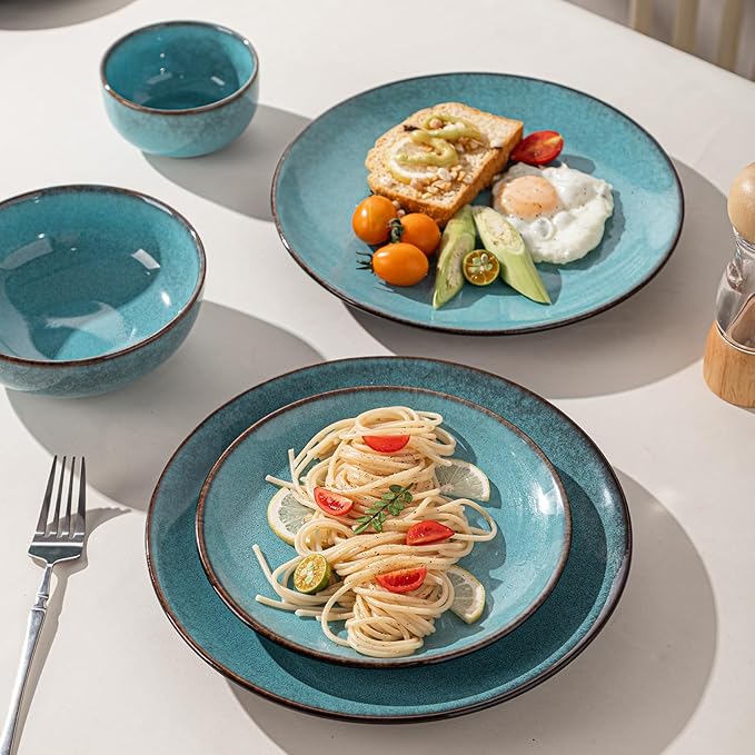 16 Piece Dinnerware Sets for 4， Scratch Resistant,microwave oven and Dishwasher Safe Plates and Bowls Sets Ceramic, Dish Set, Bowl and Plate Set -Kiln turned sea blue