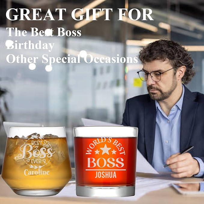 Personalized Boss Gifts for Men, Custom Whiskey Glass with Engraved Name, Birthday Farewell Retirement Christmas Boss Day Gift for Coworkers Staff Leader Office Decor