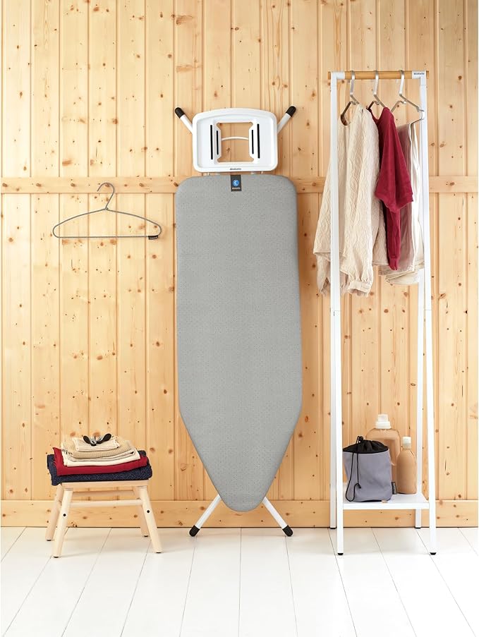 Brabantia Size C Ironing Board (49x18 in) 7 Height Options, Solid Steam Iron Rest Holder (Metallized) Non-Slip Feet, Anti-Collapse Child Locks