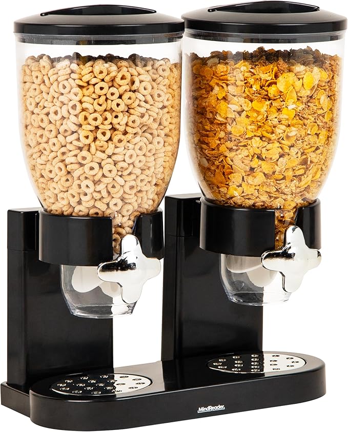 Mind Reader Double Cereal Dispenser for Countertop, 2 x 2L Airtight Containers, Rotating Dry Food Dispenser for Cereal, Rice, Candy, Coffee Beans, Black