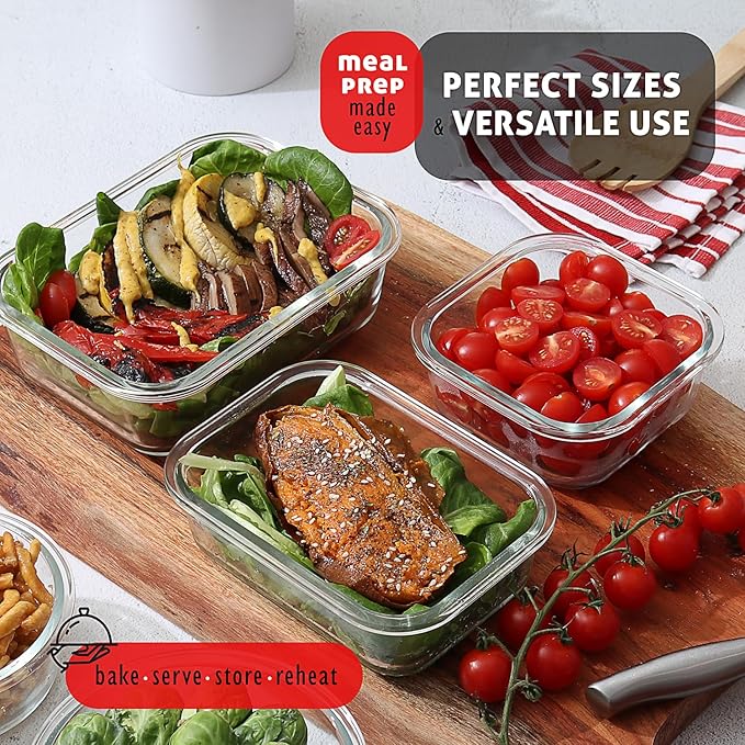 EATEX 16pc Glass Food Storage Containers with Lids, Airtight Glass Meal Prep Containers, 8 Reusable Food Storage Bins with 8 Leakproof Snap Lock Lids, Oven Microwave Freezer Safe Containers New