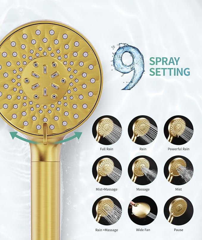Filtered Shower Head with Handheld, High Pressure 9 Spray Mode Brushed Gold Showerhead with Filters, Detachable Shower Head, Water Softener Filters Beads for Hard Water - Remove Chlorine
