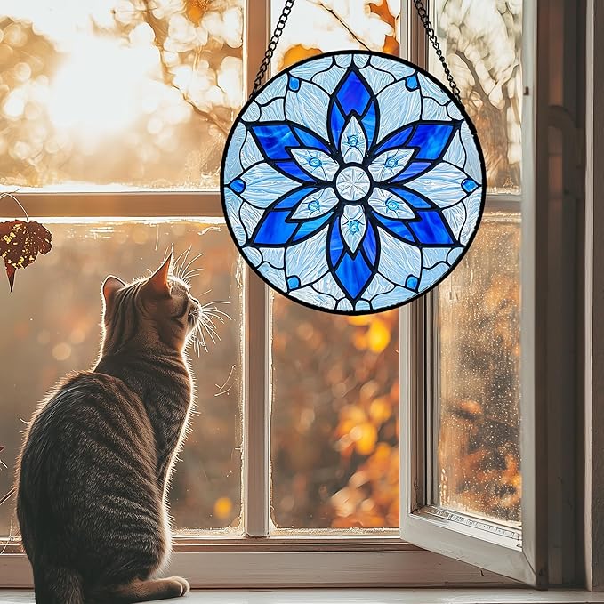 Stained Glass Window Hanging, Blue Tiffany Style Flowers Sun Catcher for Window Door Home Decor Suncatcher Christmas Mother's Day Birthday Gifts for Women Men Mom and Nana 11.8 in