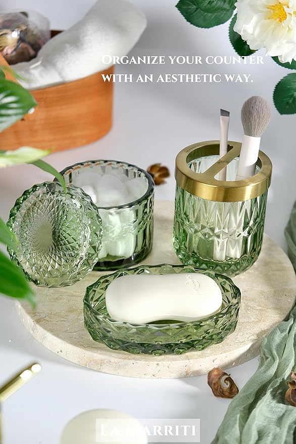 4pcs Glass Bathroom Accessories Set, Clear Green Bathroom Sets, Soap Dispenser, Toothbrush Holder, Soap Dish, Qtips Holder Set for Crystal Vintage Bathroom Decor, Gift Set (Green)