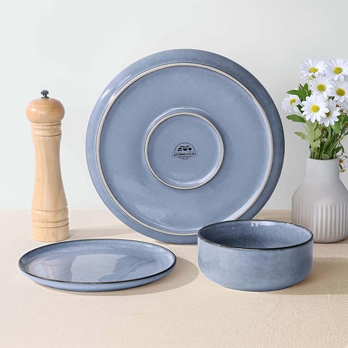 Herogo 12 Pieces Stoneware Dinnerware Sets Service for 4, Dinner Plates and Bowls Sets, Double Reactive Glaze Dishes Set for Kitchen, Scratch Resistant, Microwave & Dishwasher Safe, Haze Blue
