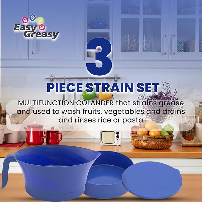 3-Piece Colander Grease Strainer Set – 2-Pack Red and Blue Grease Separator with Handle, Container & Lid – Strains Bacon, Pasta, Ground Beef – BPA-Free Kitchen Gadget
