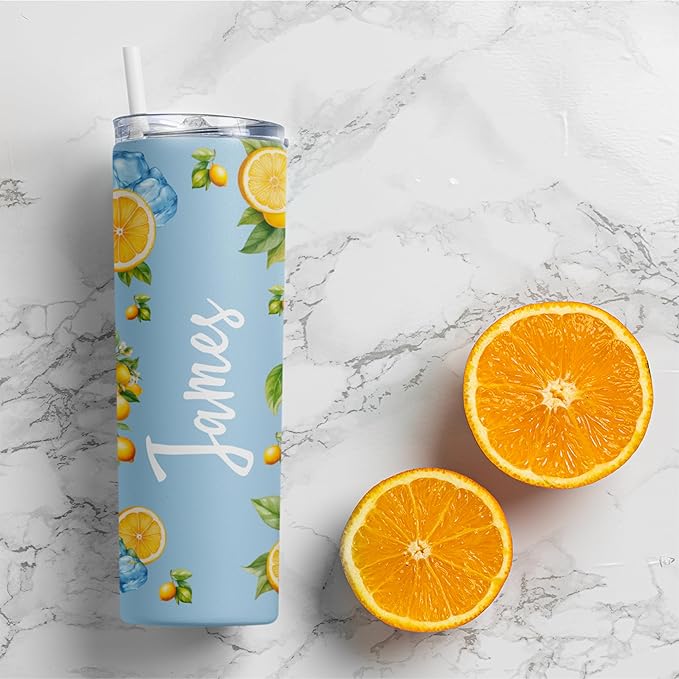 Personalized 20 Oz Skinny Tumbler - Custom Name Skinny Tumbler with Summer Design, BPA-Free Stainless Steel, 6 Designs - Customized Summer Gift