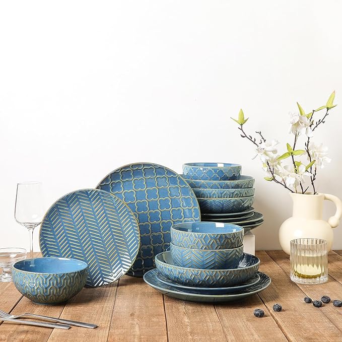 Sureasy Ceramic Dinnerware Set for 4-16 Pieces Embossed Plates and Bowls Sets, Scratch Resistant Dish Set, Microwave, Oven & Dishwasher Safe, Blue