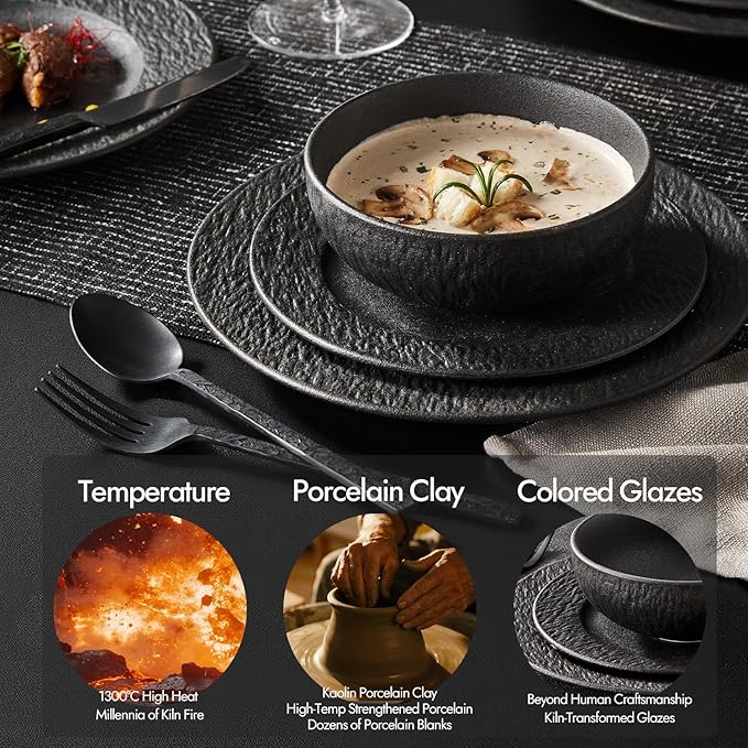 KINGSTONE Black Dinnerware Sets with flatware, 32-Piece Matte Marble Pattern Premium Porcelain, Place Setting with Dinner Plate, Salad Plate, Pasta Bowl, Microwave and Dishwasher Safe
