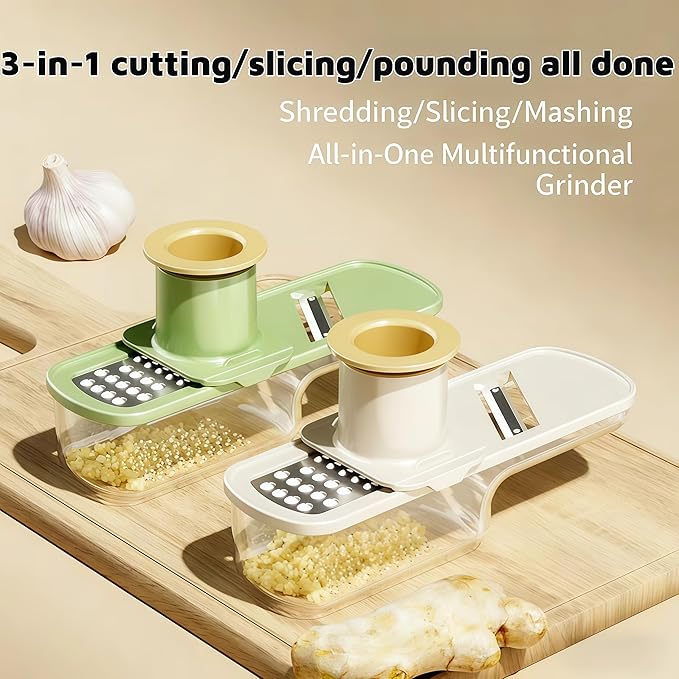 Multifunctional Garlic Grinder, 3 In 1 Garlic Slicer Super Thin for Garlics, Ginger, Garlics Grinder Mini Easy to Clean and Dishwasher Safe (white)