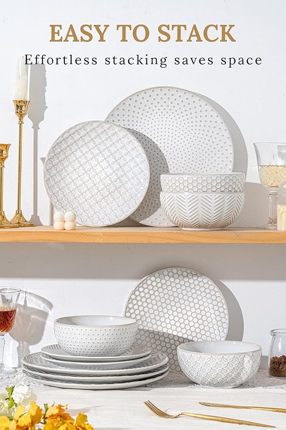 18-Piece Embossed Ceramic Dinnerware Set–6 Dinner Plates,6 Salad Plates,6 Pasta Bowls,Elegant & Durable Tableware,Dishwasher & Microwave Safe,Perfect for Family & Entertaining