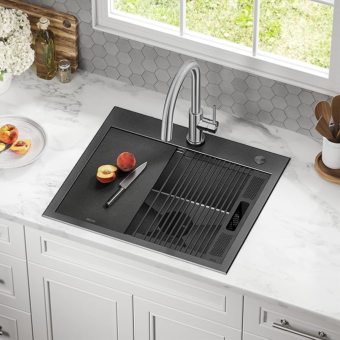 DELTA FAUCET Delta Rivet 25 Inch Black Stainless Steel Drop-in Top Mount 16 Gauge Workstation Kitchen Sink Single Bowl in PVD Gunmetal Finish with WorkFlow Ledge and Accessories, 95A9031-T25S-GS