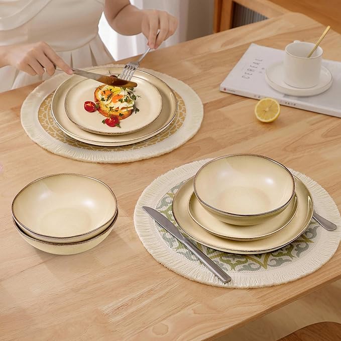Herogo Stoneware Dinnerware Sets for 6, 18pcs Irregular Handmade Dinner Dish Set, Plates and Bowls Dishware for Kitchen Dining, Microwave & Dishwasher Safe, Cream Khaki